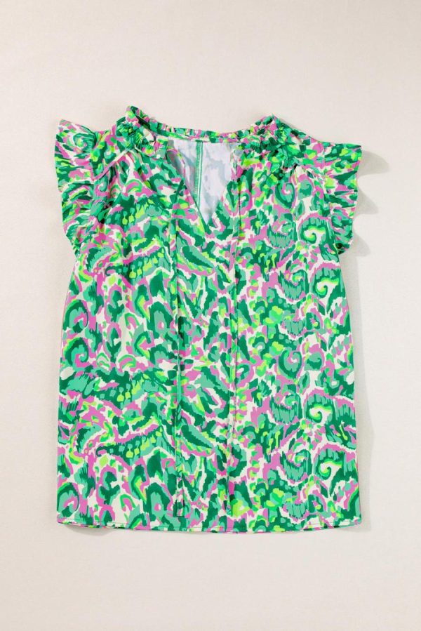 Women Sleeveless Tops | Green Abstract Print Frill Split Neck Ruffle Sleeveless Top - Image 5