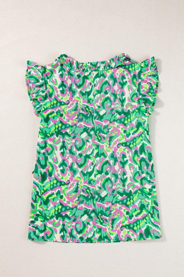 Women Sleeveless Tops | Green Abstract Print Frill Split Neck Ruffle Sleeveless Top - Image 6