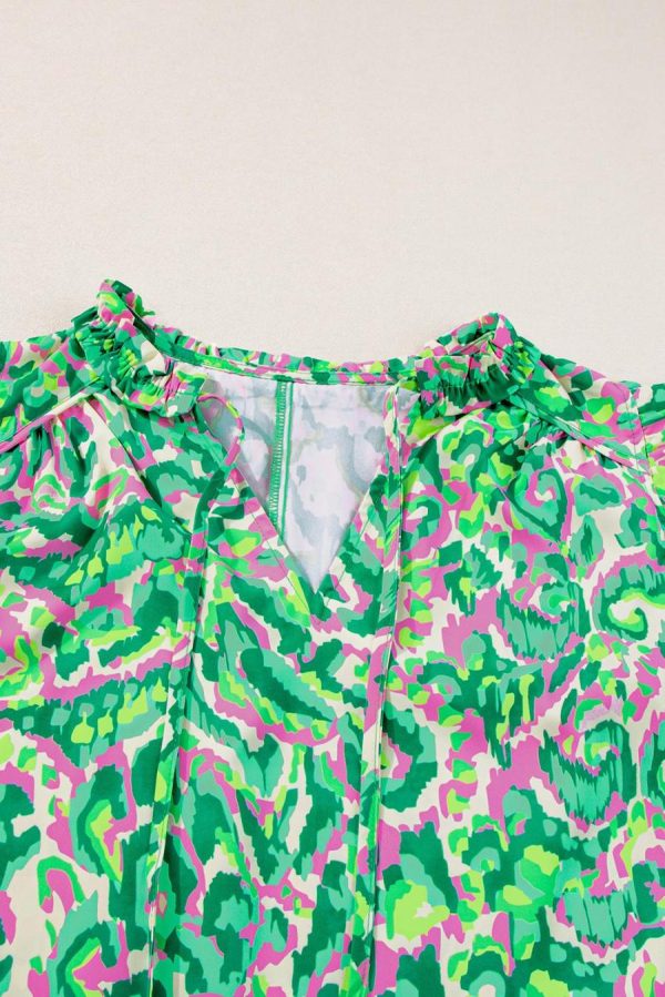 Women Sleeveless Tops | Green Abstract Print Frill Split Neck Ruffle Sleeveless Top - Image 7