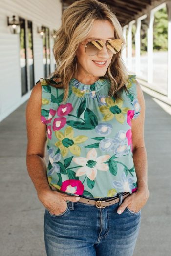 Women Sleeveless Tops | Green Floral Print Ruffle Trim Sleeveless Shirt