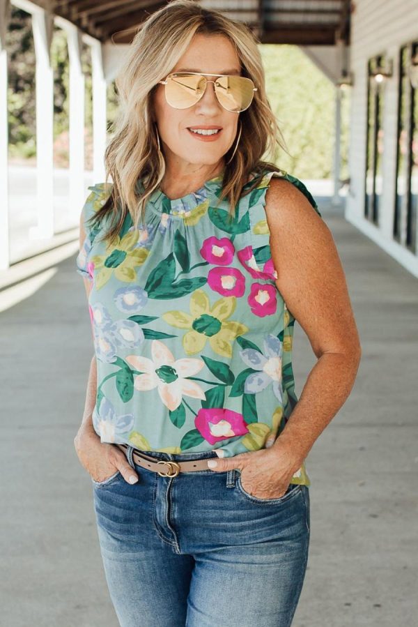 Women Sleeveless Tops | Green Floral Print Ruffle Trim Sleeveless Shirt - Image 2