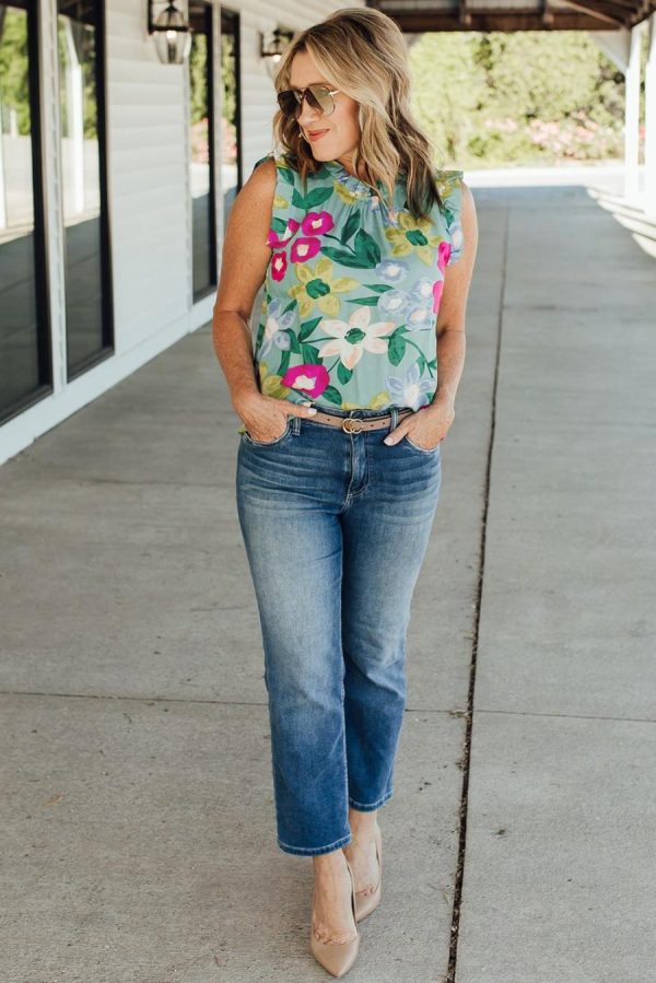 Women Sleeveless Tops | Green Floral Print Ruffle Trim Sleeveless Shirt - Image 3
