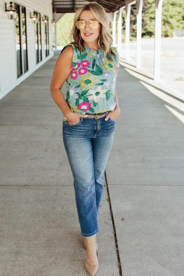 Women Sleeveless Tops | Green Floral Print Ruffle Trim Sleeveless Shirt - Image 4