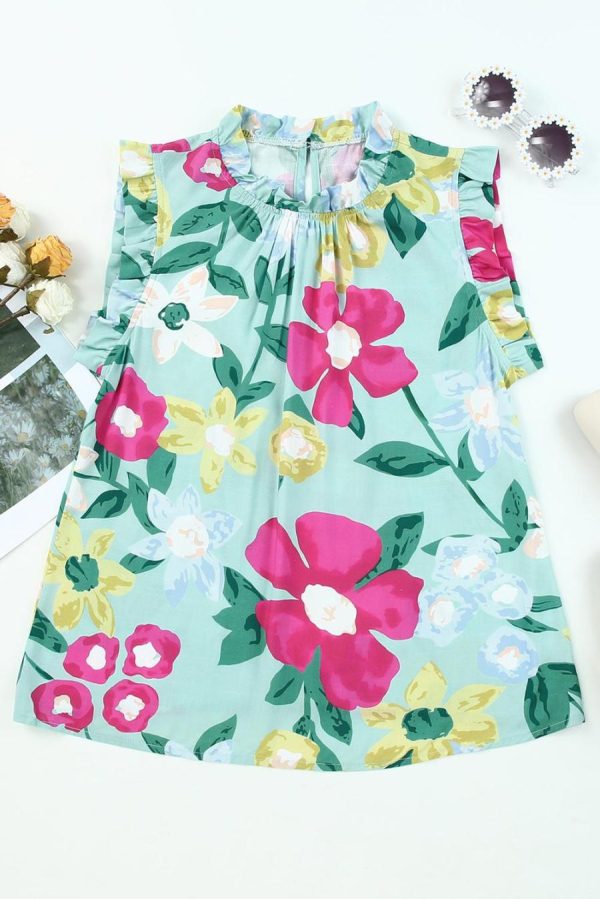 Women Sleeveless Tops | Green Floral Print Ruffle Trim Sleeveless Shirt - Image 5