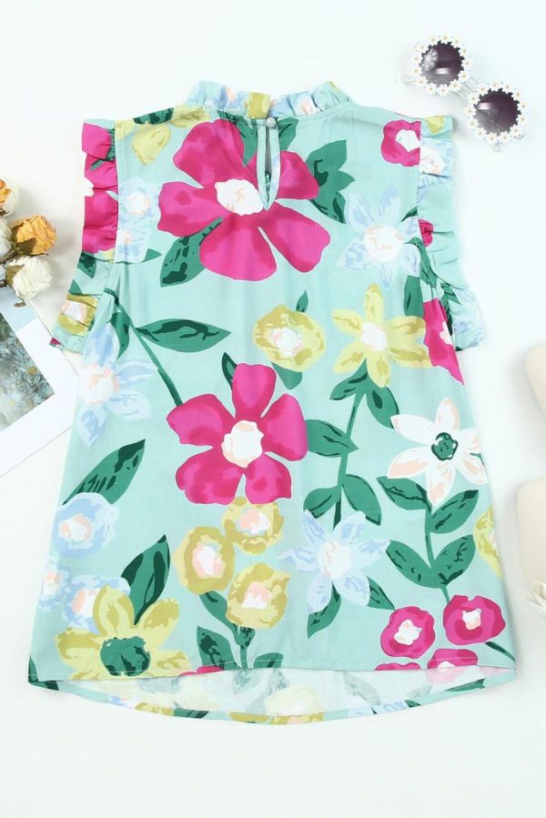Women Sleeveless Tops | Green Floral Print Ruffle Trim Sleeveless Shirt - Image 6