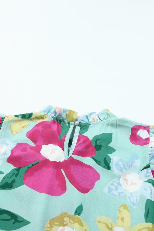 Women Sleeveless Tops | Green Floral Print Ruffle Trim Sleeveless Shirt - Image 7