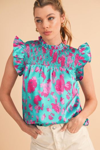 Women Sleeveless Tops | Green Floral Print Ruffled Flutter Shoulder Smocked Blouse