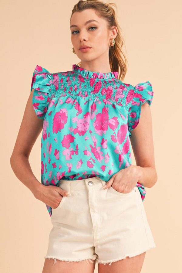 Women Sleeveless Tops | Green Floral Print Ruffled Flutter Shoulder Smocked Blouse - Image 2