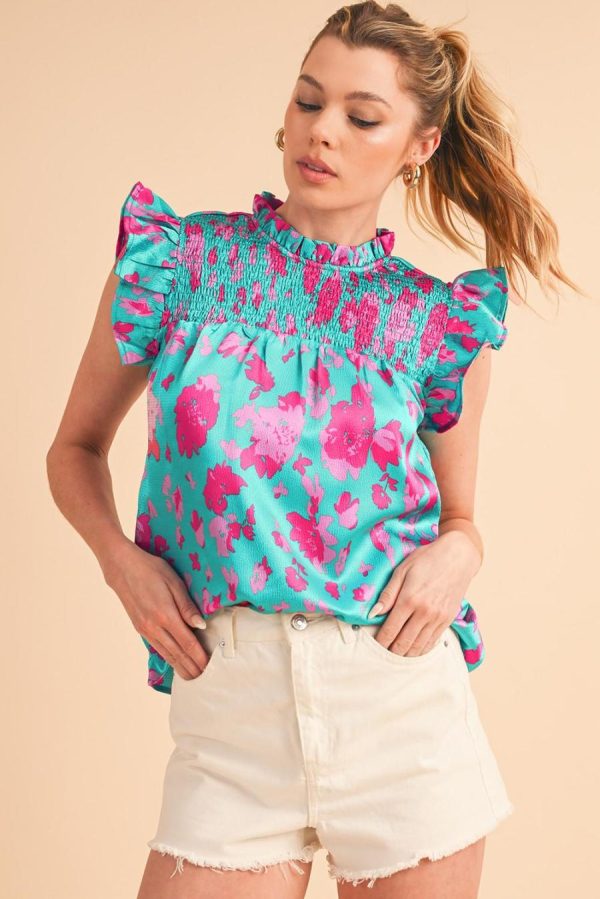Women Sleeveless Tops | Green Floral Print Ruffled Flutter Shoulder Smocked Blouse - Image 3