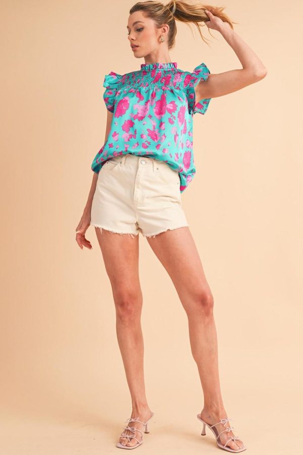 Women Sleeveless Tops | Green Floral Print Ruffled Flutter Shoulder Smocked Blouse - Image 4