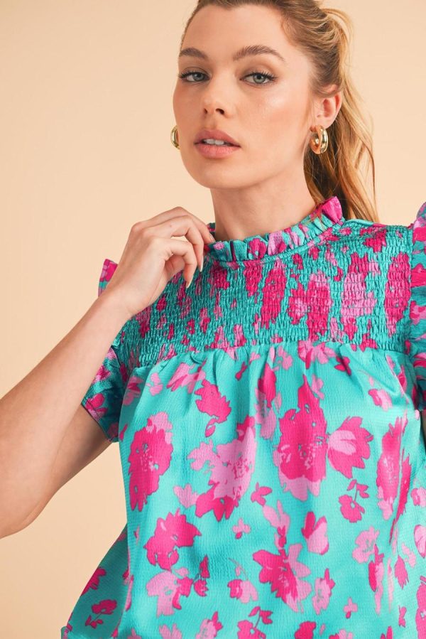 Women Sleeveless Tops | Green Floral Print Ruffled Flutter Shoulder Smocked Blouse - Image 5