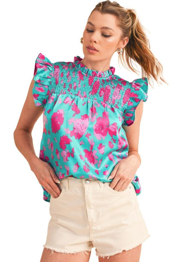 Women Sleeveless Tops | Green Floral Print Ruffled Flutter Shoulder Smocked Blouse - Image 6