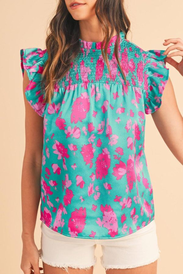 Women Sleeveless Tops | Green Floral Print Ruffled Flutter Shoulder Smocked Blouse - Image 7