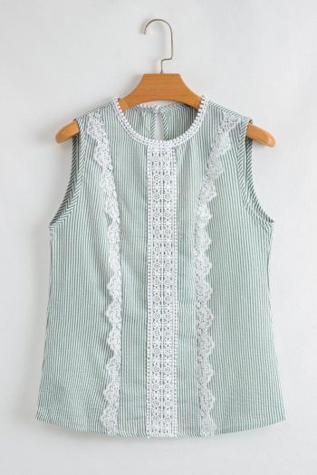 Women Sleeveless Tops | Green Stripe Lace Detail Crinkle Sleeveless Blouse