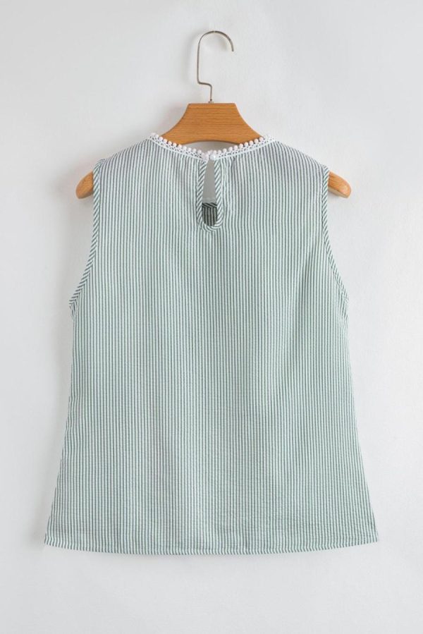 Women Sleeveless Tops | Green Stripe Lace Detail Crinkle Sleeveless Blouse - Image 2