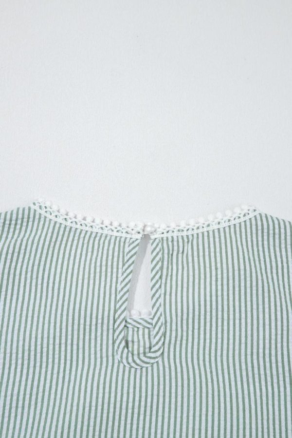 Women Sleeveless Tops | Green Stripe Lace Detail Crinkle Sleeveless Blouse - Image 3