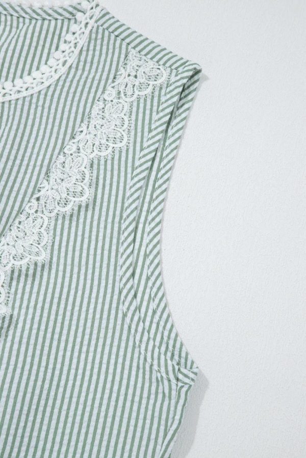 Women Sleeveless Tops | Green Stripe Lace Detail Crinkle Sleeveless Blouse - Image 5