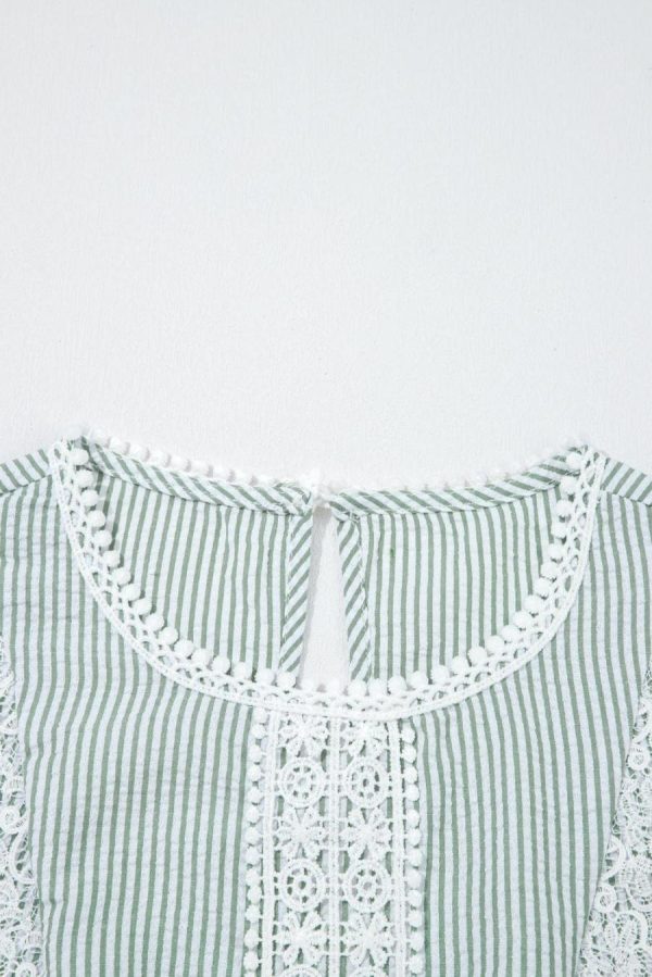 Women Sleeveless Tops | Green Stripe Lace Detail Crinkle Sleeveless Blouse - Image 6