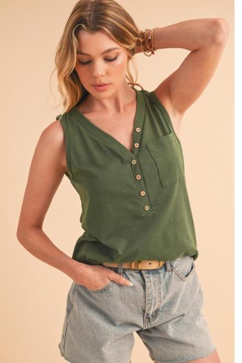 Women Sleeveless Tops | Jungle Green Half Button V Neck Patched Pocket Tank Top