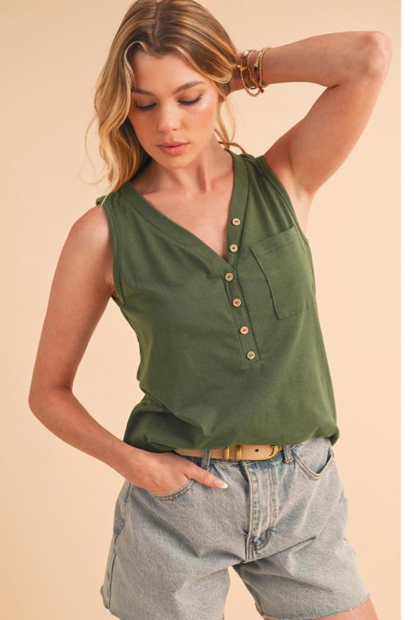 Women Sleeveless Tops | Jungle Green Half Button V Neck Patched Pocket Tank Top