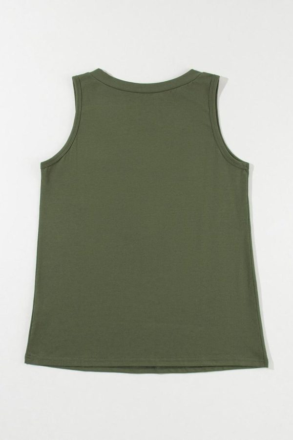 Women Sleeveless Tops | Jungle Green Half Button V Neck Patched Pocket Tank Top - Image 7
