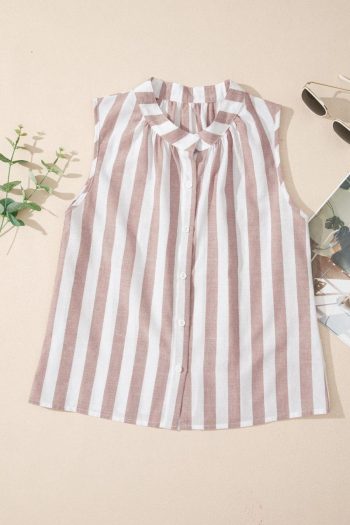 Women Sleeveless Tops | Khaki Striped Casual Button Down Sleeveless Shirt