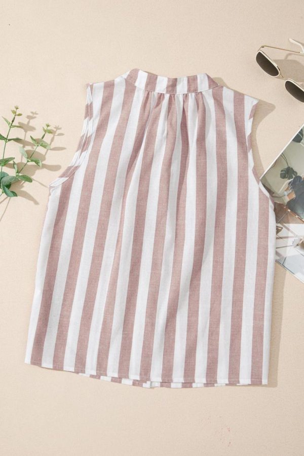 Women Sleeveless Tops | Khaki Striped Casual Button Down Sleeveless Shirt - Image 2