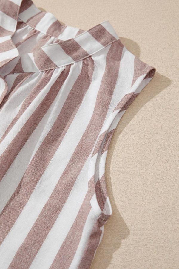 Women Sleeveless Tops | Khaki Striped Casual Button Down Sleeveless Shirt - Image 3