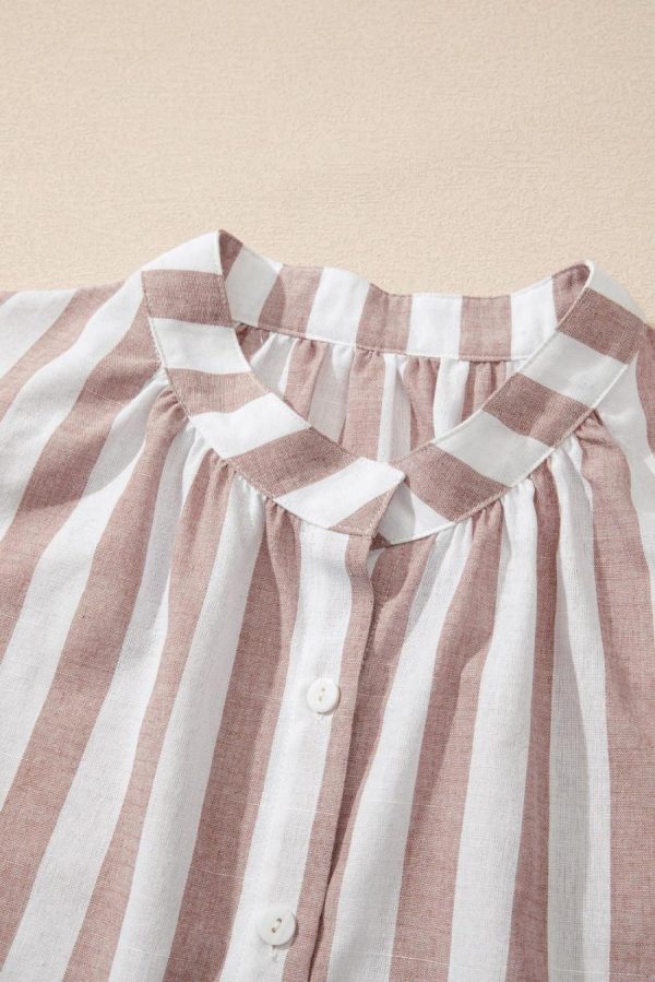 Women Sleeveless Tops | Khaki Striped Casual Button Down Sleeveless Shirt - Image 6