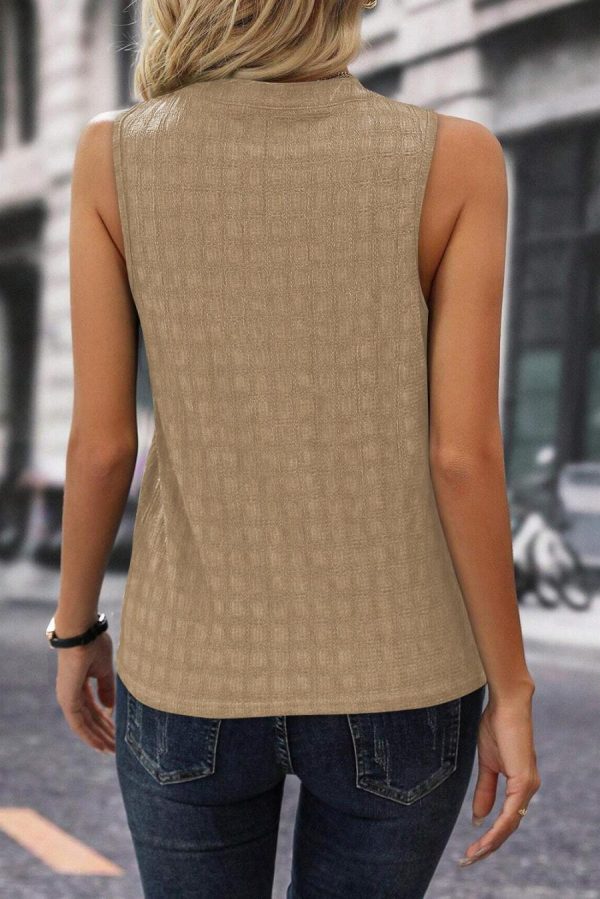 Women Sleeveless Tops | Light Beige Textured Split V Neck Sleeveless Shirt