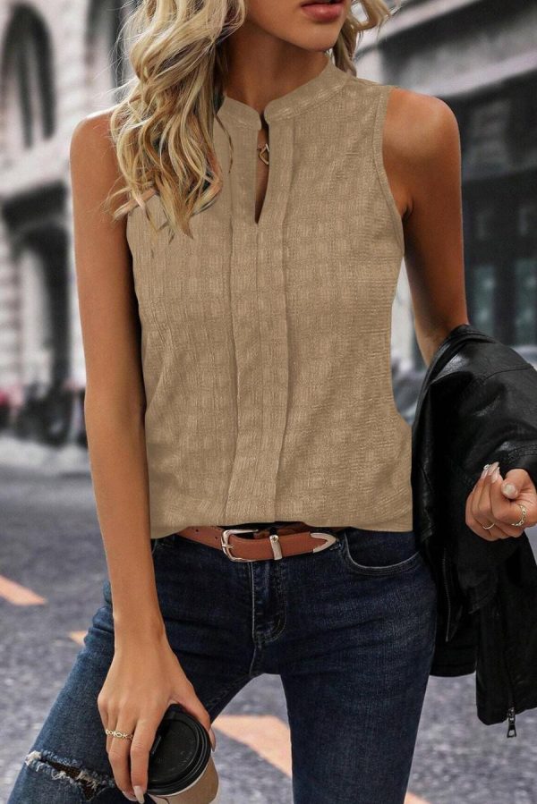 Women Sleeveless Tops | Light Beige Textured Split V Neck Sleeveless Shirt - Image 3