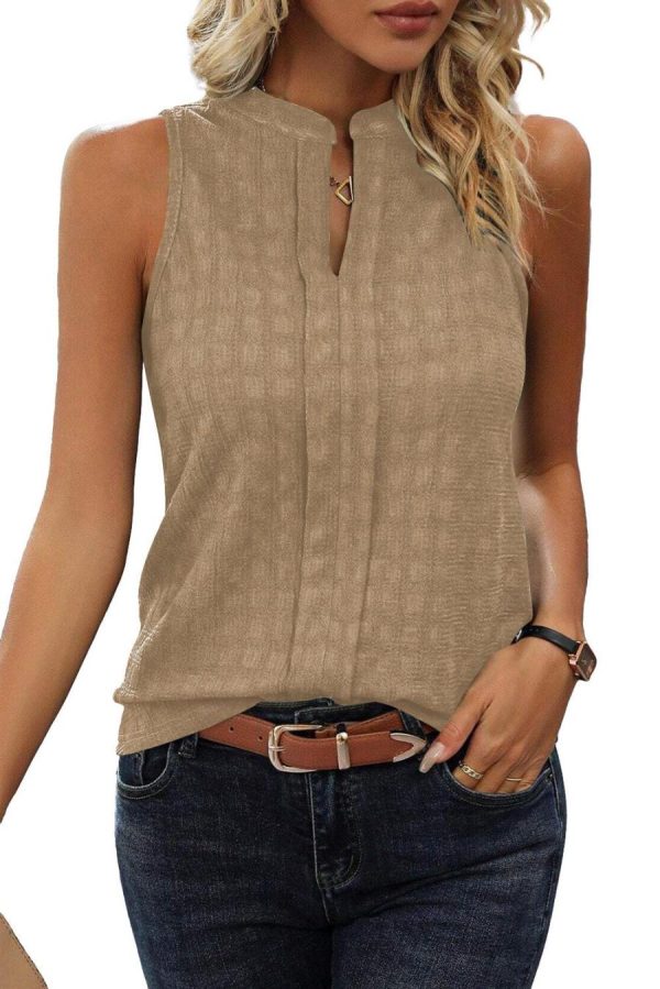 Women Sleeveless Tops | Light Beige Textured Split V Neck Sleeveless Shirt - Image 4