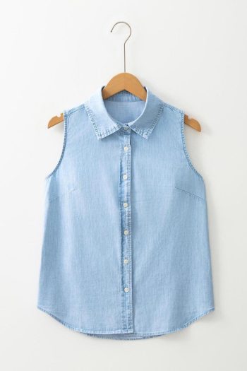 Women Sleeveless Tops | Light Blue Denim Collared Sleeveless Shirt
