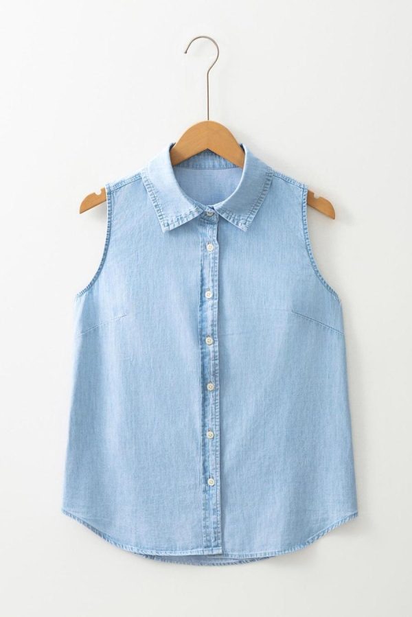 Women Sleeveless Tops | Light Blue Denim Collared Sleeveless Shirt