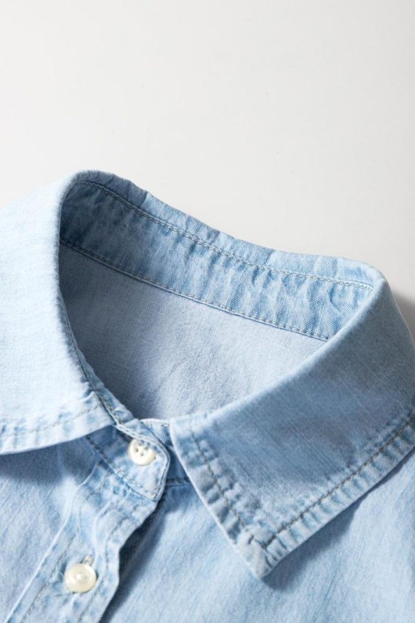 Women Sleeveless Tops | Light Blue Denim Collared Sleeveless Shirt - Image 3