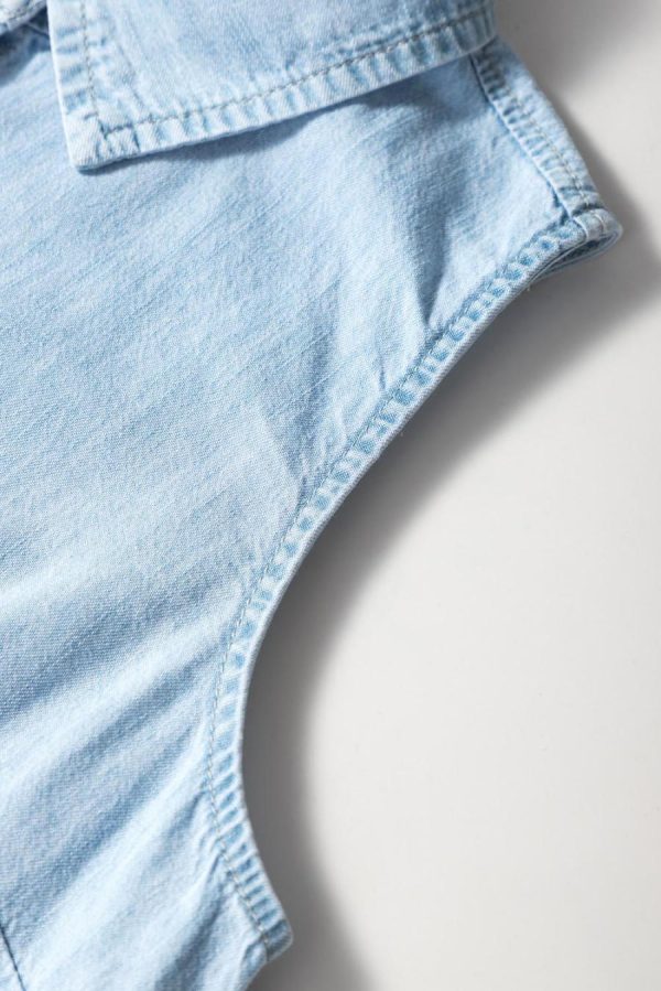 Women Sleeveless Tops | Light Blue Denim Collared Sleeveless Shirt - Image 4