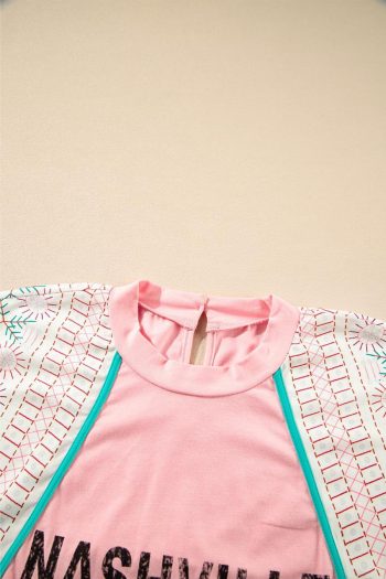 Women Sleeveless Tops | Light Pink Vintage Nashville Print Patchwork Sleeveless Top