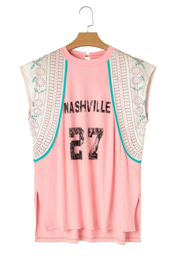 Women Sleeveless Tops | Light Pink Vintage Nashville Print Patchwork Sleeveless Top - Image 5