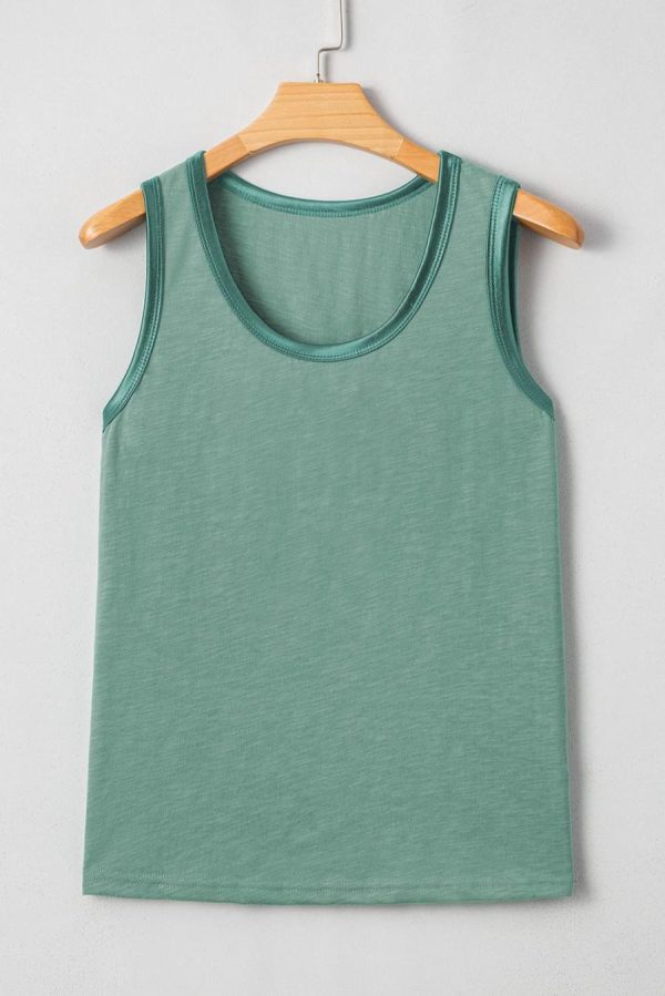 Women Sleeveless Tops | Mist Green Contrast Trim Round Neck Tank Top - Image 5