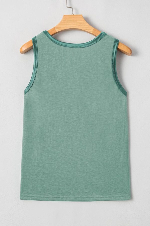 Women Sleeveless Tops | Mist Green Contrast Trim Round Neck Tank Top - Image 6
