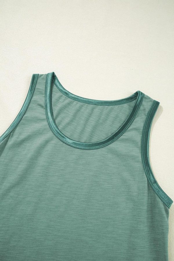 Women Sleeveless Tops | Mist Green Contrast Trim Round Neck Tank Top - Image 7
