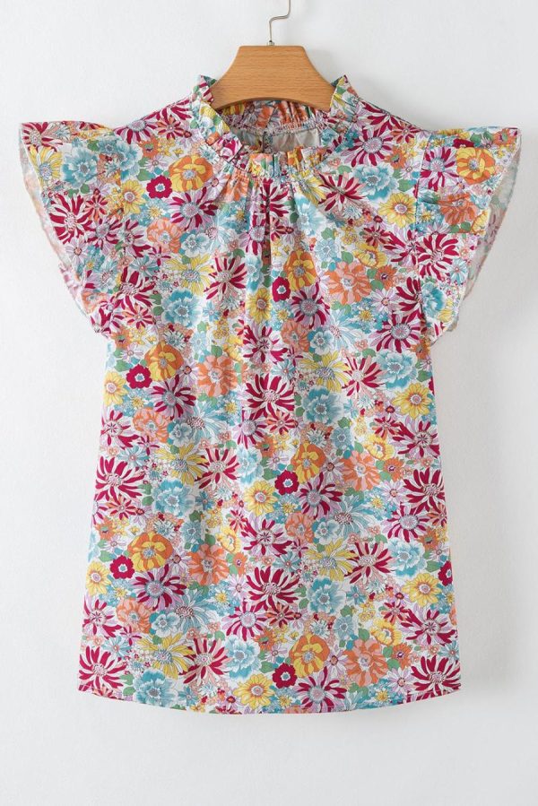 Women Sleeveless Tops | Multicolour Floral Pleated Detail Ruffle Sleeveless Blouse - Image 4