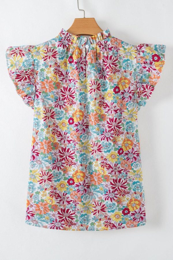 Women Sleeveless Tops | Multicolour Floral Pleated Detail Ruffle Sleeveless Blouse - Image 5