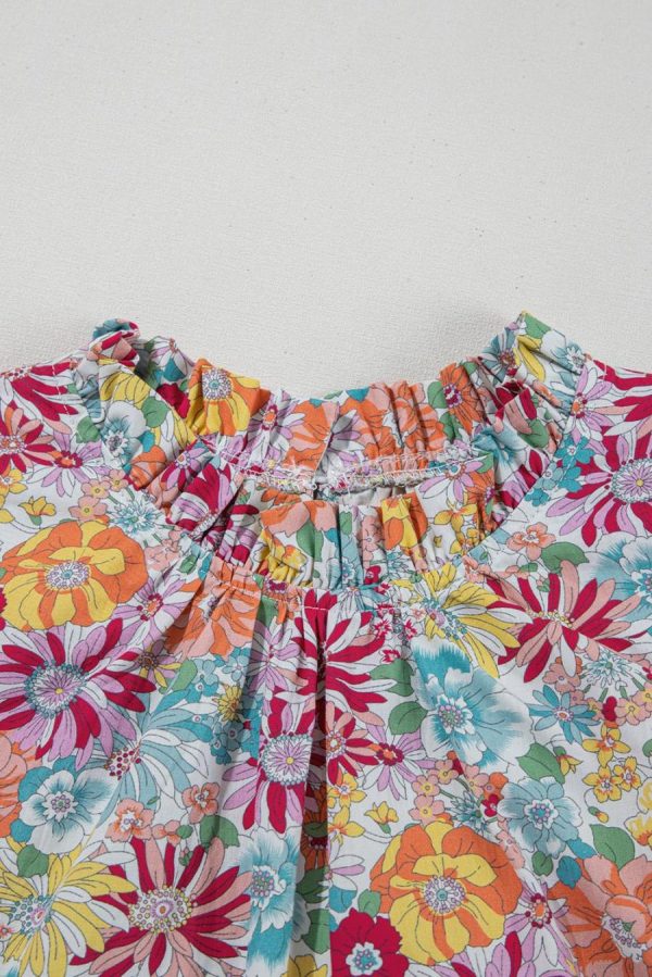 Women Sleeveless Tops | Multicolour Floral Pleated Detail Ruffle Sleeveless Blouse - Image 6