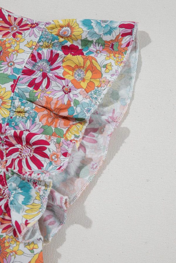 Women Sleeveless Tops | Multicolour Floral Pleated Detail Ruffle Sleeveless Blouse - Image 7