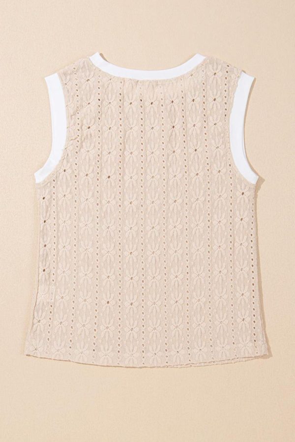 Women Sleeveless Tops | Oatmeal Floral Textured Crew Neck Sleeveless Top - Image 7