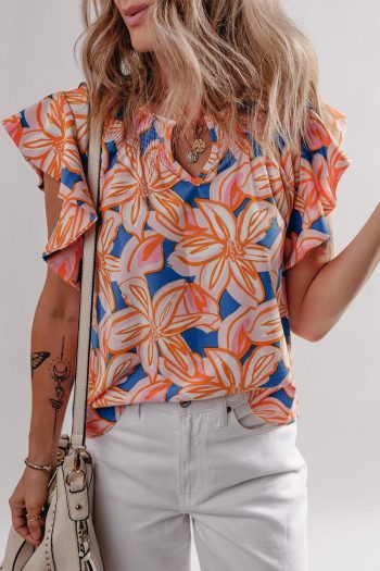 Women Sleeveless Tops | Orange Summer Flower Print Smocked Notched Neck Ruffle Blouse