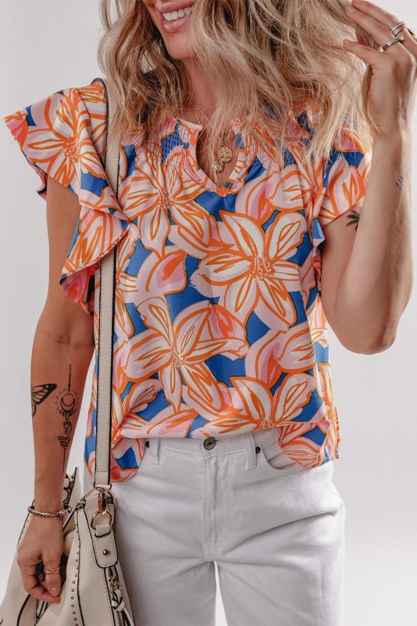 Women Sleeveless Tops | Orange Summer Flower Print Smocked Notched Neck Ruffle Blouse - Image 2