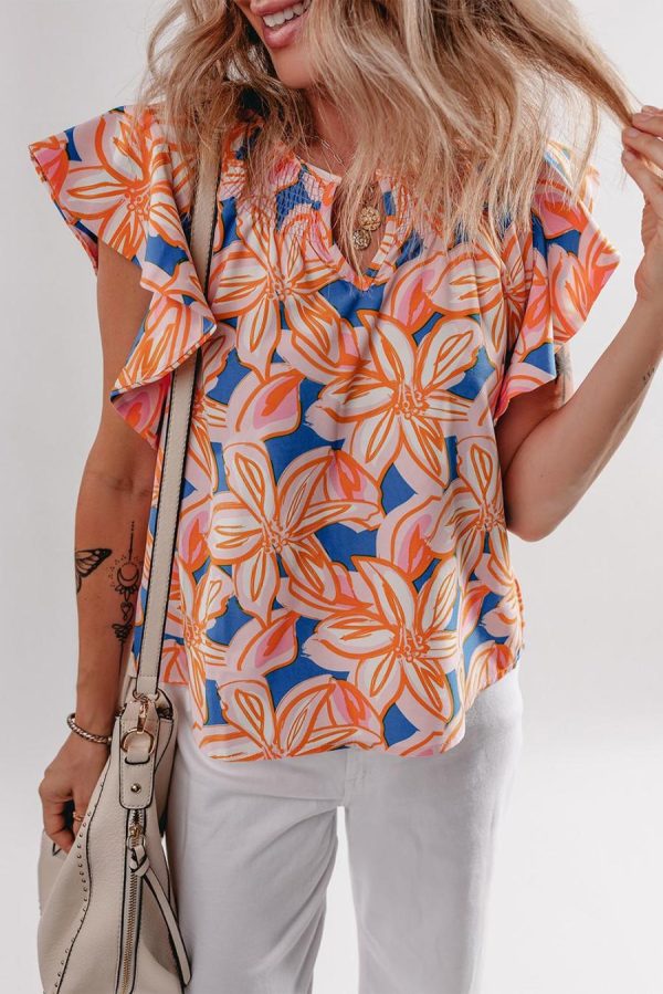 Women Sleeveless Tops | Orange Summer Flower Print Smocked Notched Neck Ruffle Blouse - Image 3
