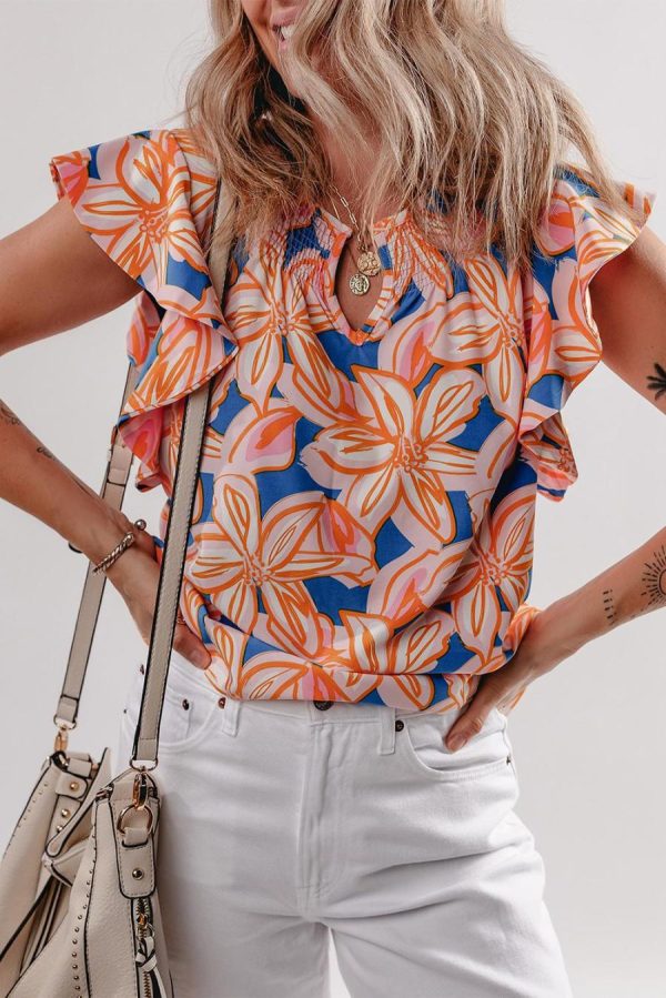 Women Sleeveless Tops | Orange Summer Flower Print Smocked Notched Neck Ruffle Blouse - Image 4